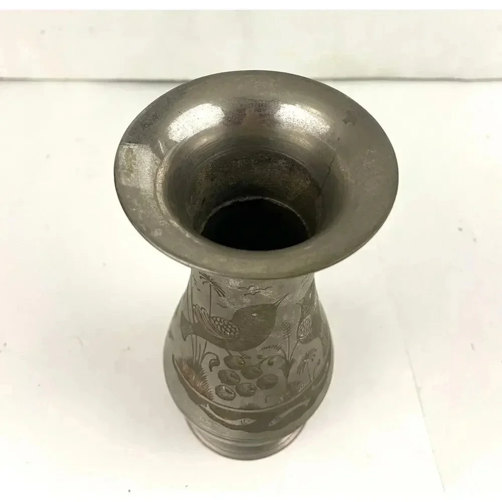 VTG Silver Tone Metal Middle Eastern Vase With Etching 8